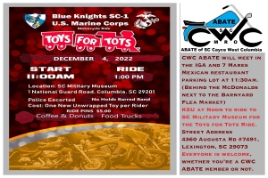 CWC ABATE Toys for Tots Ride December 4, 2022 11:30.  KSU Noon.
