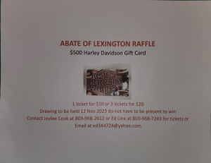 ABATE of Lexington Raffle. $500 Harley Davidson Gift Card.  Drawing November 12, 2023.
