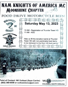 Nam Knights of America MC Moonshine Chapter Food Drive Motorcycle Run. May 13, 2023.  Registration 10:00am, KSU 11:00am.