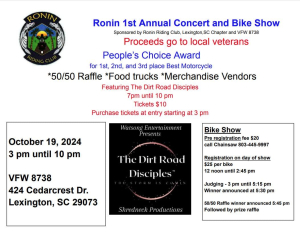 Ronin 1st Annual Concert and Bike Show.  October 19, 2024 3pm until 10pm.