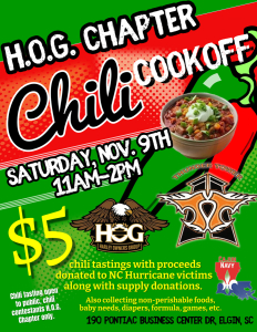 Thunder Riders HOG Chapter Chili Cookoff.  November 9, 2024 11am-2pm.