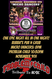 Bubba's Pub n Grub.  Problem Child - Tribute to AC/DC - 10:30pm November 9, 2024