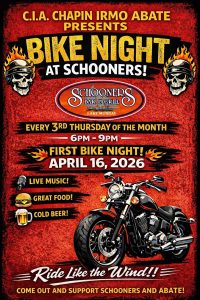 C.I.A. Chapin Irmo ABATE presents Bike Night at Schooners. Every 3rd Thursday 6pm-9pm.