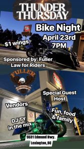 Thunder Thursday Bike Night at Tabz Grub and Pub. 3rd Thursday of the month. Sponsored by Fuller Law for Riders. Hosted by Michael Bradshaw.