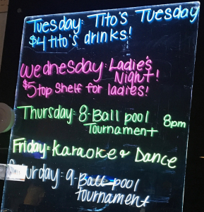 Weekly events at Bunky's Tavern.