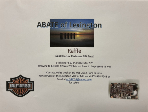 ABATE of Lexington Raffle for $500 Harley Davidson gift card.  Drawing November 12, 2023, you do not need to be present to win.  1 for $10 3 for $20.