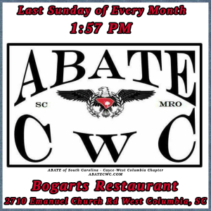 Abate CWC August 27, 2023 meeting moved to Bogarts Restaurant, 2710 Emanuel Church Road, West Columbia, SC 29170. 