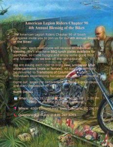 The American Legion Riders Chapter 90 of South Congaree invite you to join us for our 4th Annual Blessing of the Bikes! March 28, 2026 10:30am-2:00pm. Stop in anytime during this window.  
